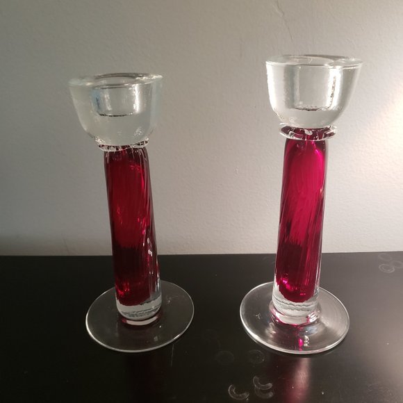 Vintage Other - Set of 2 Red Glass Taper Candlesticks